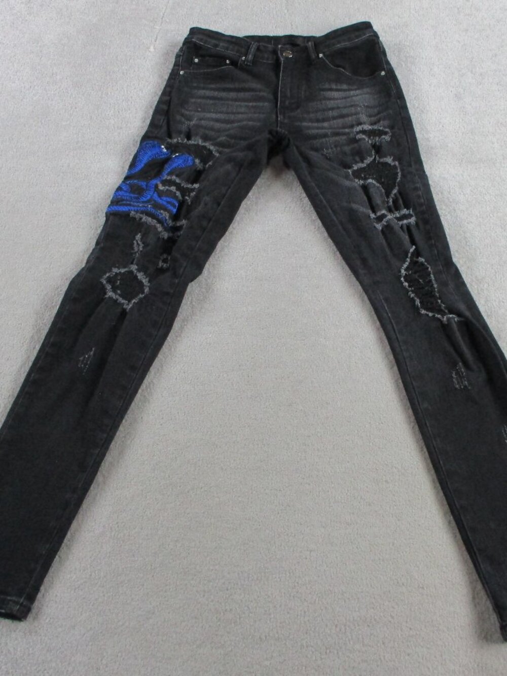 Mens Skinny Cobra Snake Jeans Size 28 Black Denim Distressed Embroidered Stretch